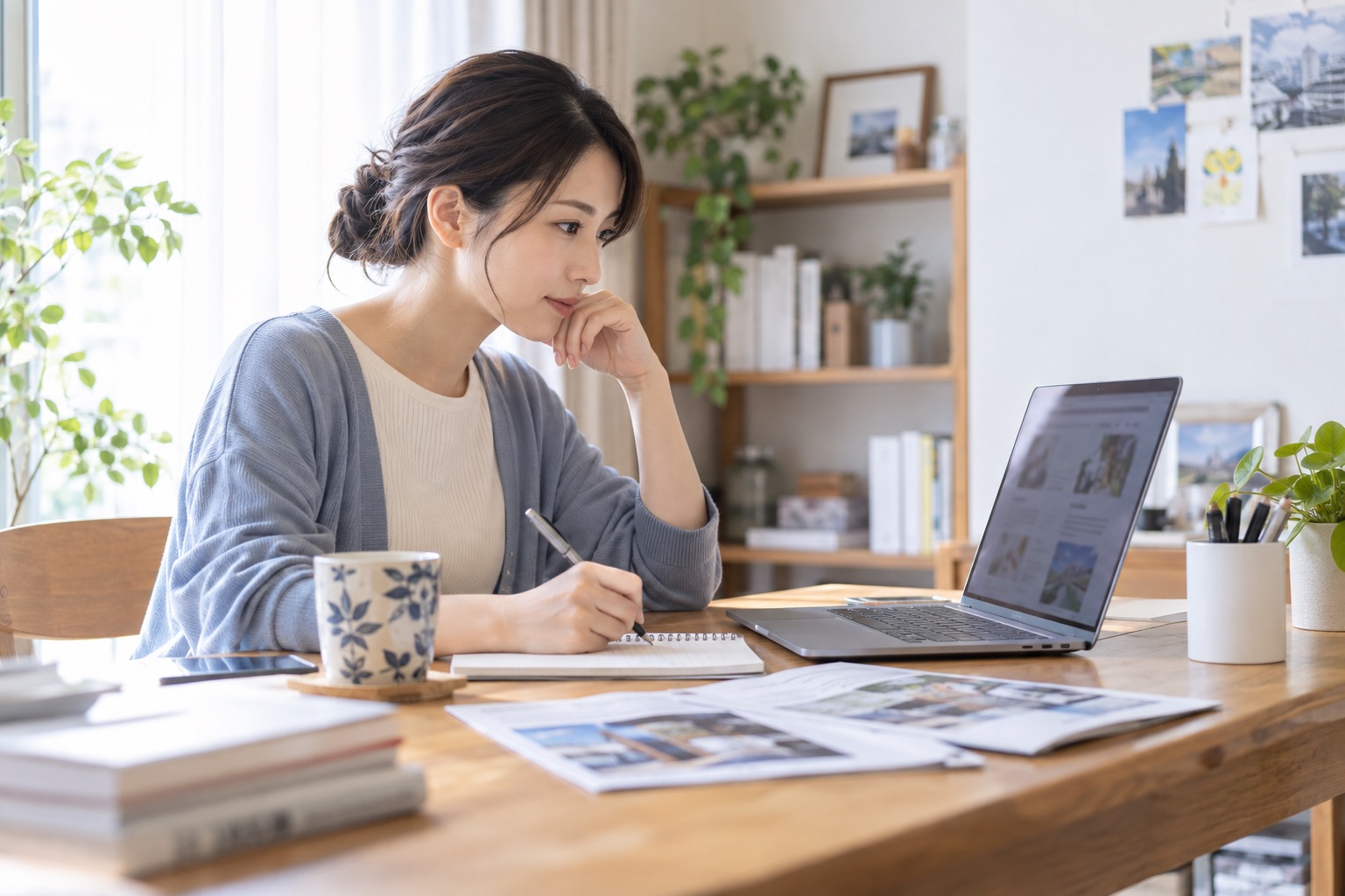 求人情報とノートを見比べ、応募先を調べる社会人のイメージ
