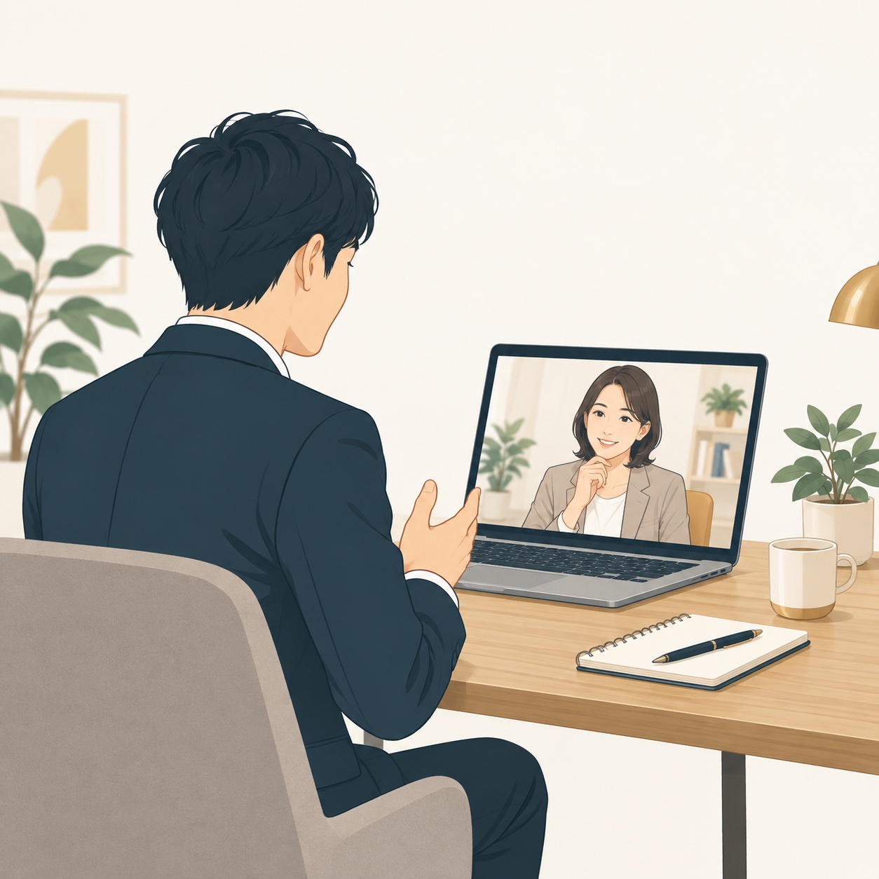 パソコン越しに相談員とオンラインで転職について話す社会人のイラスト