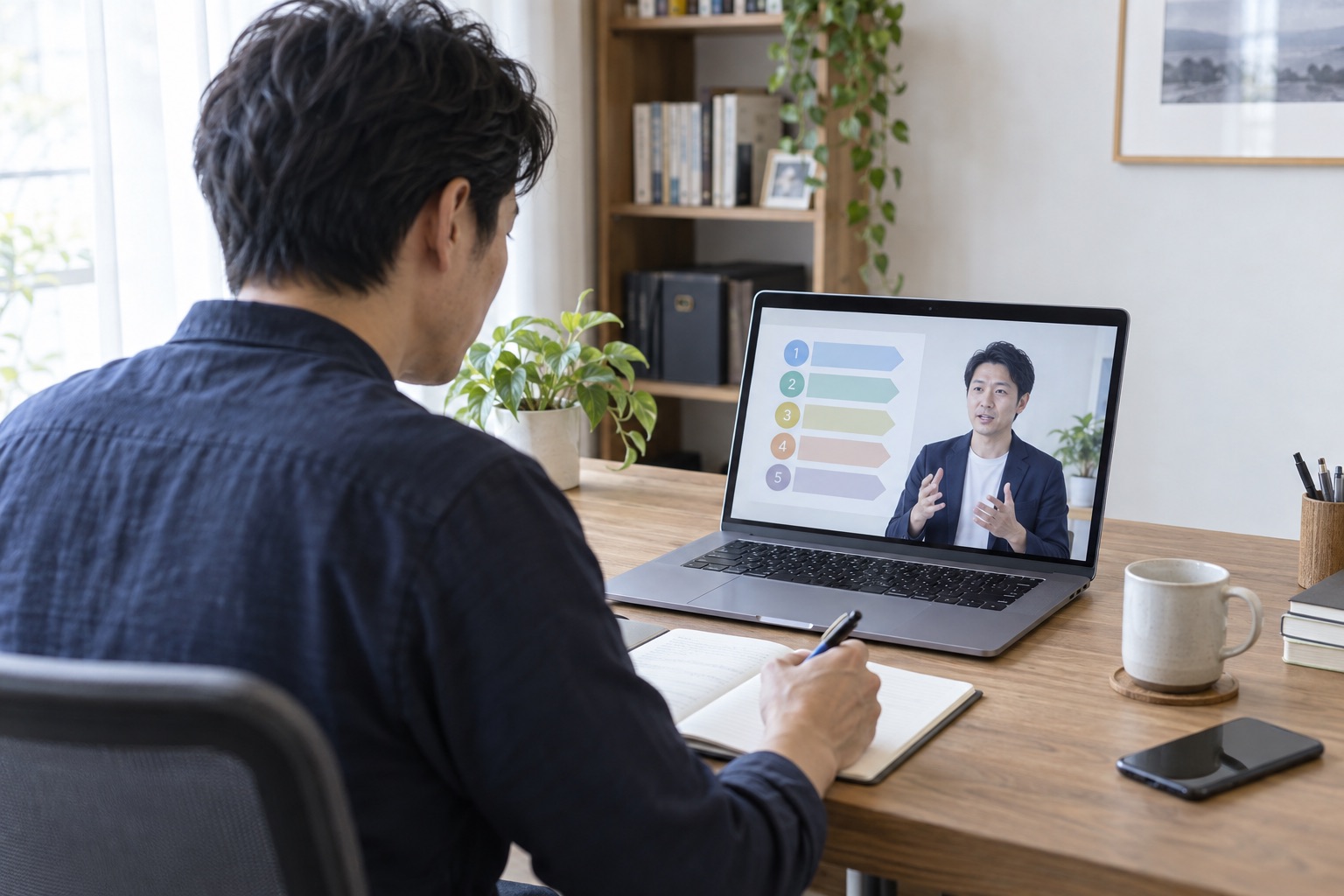 自宅のパソコンでオンラインセミナーを受講し、メモを取る社会人のイメージ