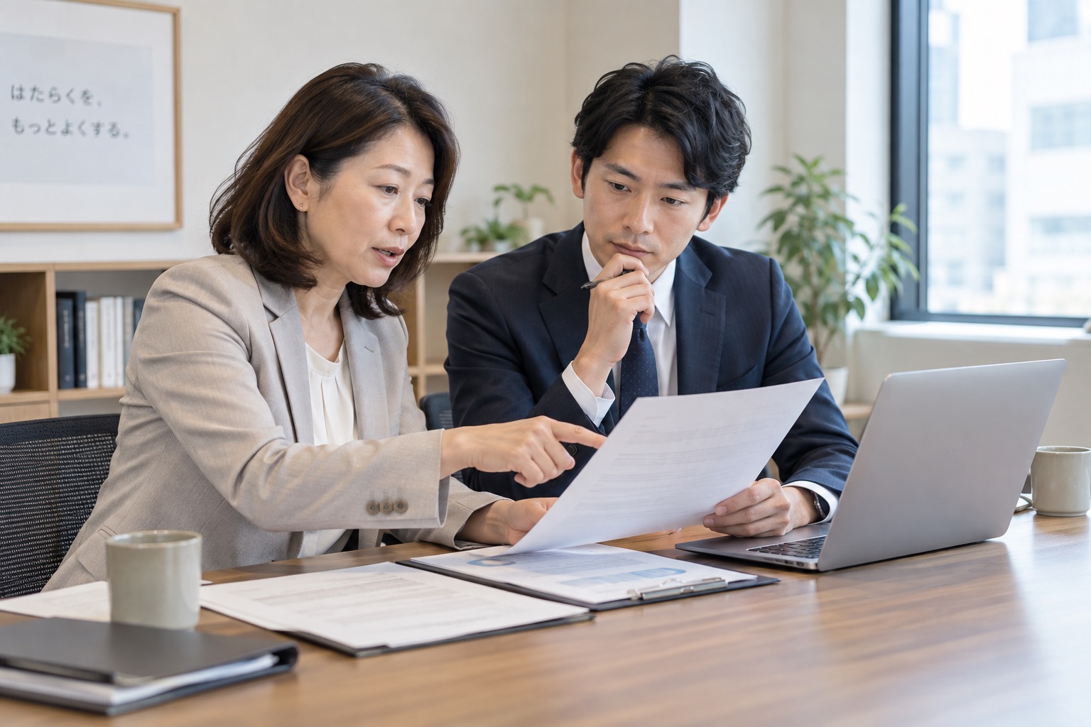 応募書類を確認し、採用について話し合う人事担当者のイメージ